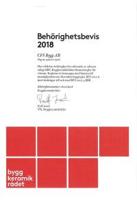 CFS Bygg AB Behrighetsintyg BKR 2018 enl BBV Byggkeramikrdets Branschregler fr vtrum
