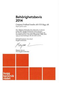 CFS Bygg AB Behrighetsintyg BKR 2014 enl BBV Byggkeramikrdets Branschregler fr vtrum