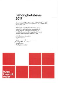 CFS Bygg AB Behrighetsintyg BKR 2017 enl BBV Byggkeramikrdets Branschregler fr vtrum