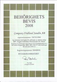 CFS Bygg AB Behrighetsintyg BKR 2008 enl BBV Byggkeramikrdets Branschregler fr vtrum