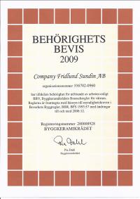 CFS Bygg AB Behrighetsintyg BKR 2009 enl BBV Byggkeramikrdets Branschregler fr vtrum