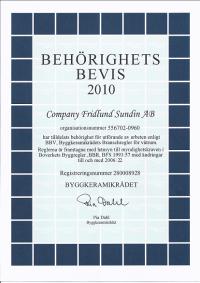CFS Bygg AB Behrighetsintyg BKR 2010 enl BBV Byggkeramikrdets Branschregler fr vtrum