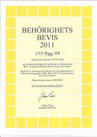 CFS Bygg AB Behrighetsintyg BKR 2011 enl BBV Byggkeramikrdets Branschregler fr vtrum